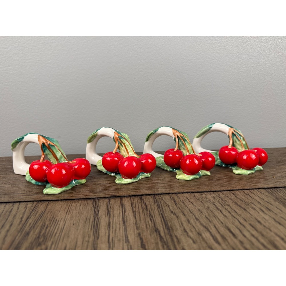 Vintage Fine Bone China Cherry Napkin Rings Set of 4 Fruit Ceramic